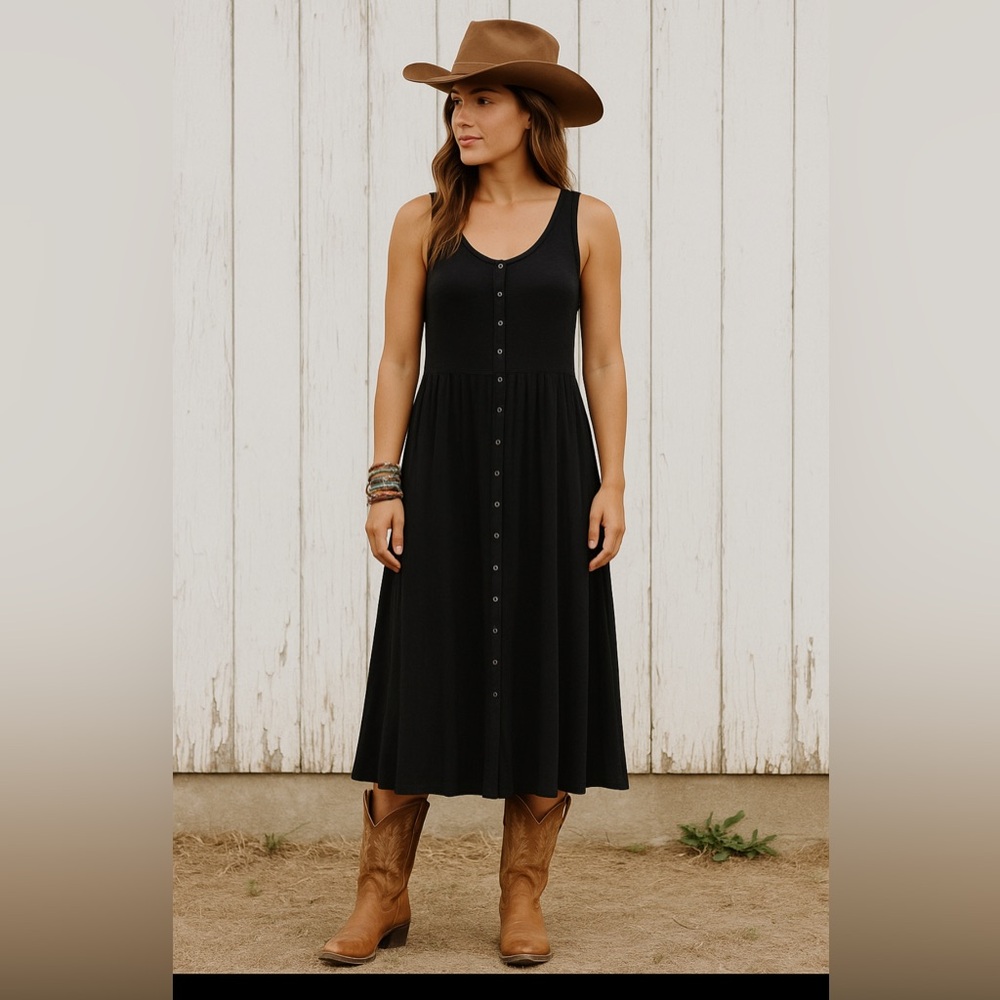 Frye Women's Sleeveless Easy Button Front Midi Dress Sz M Black Loose Fit
